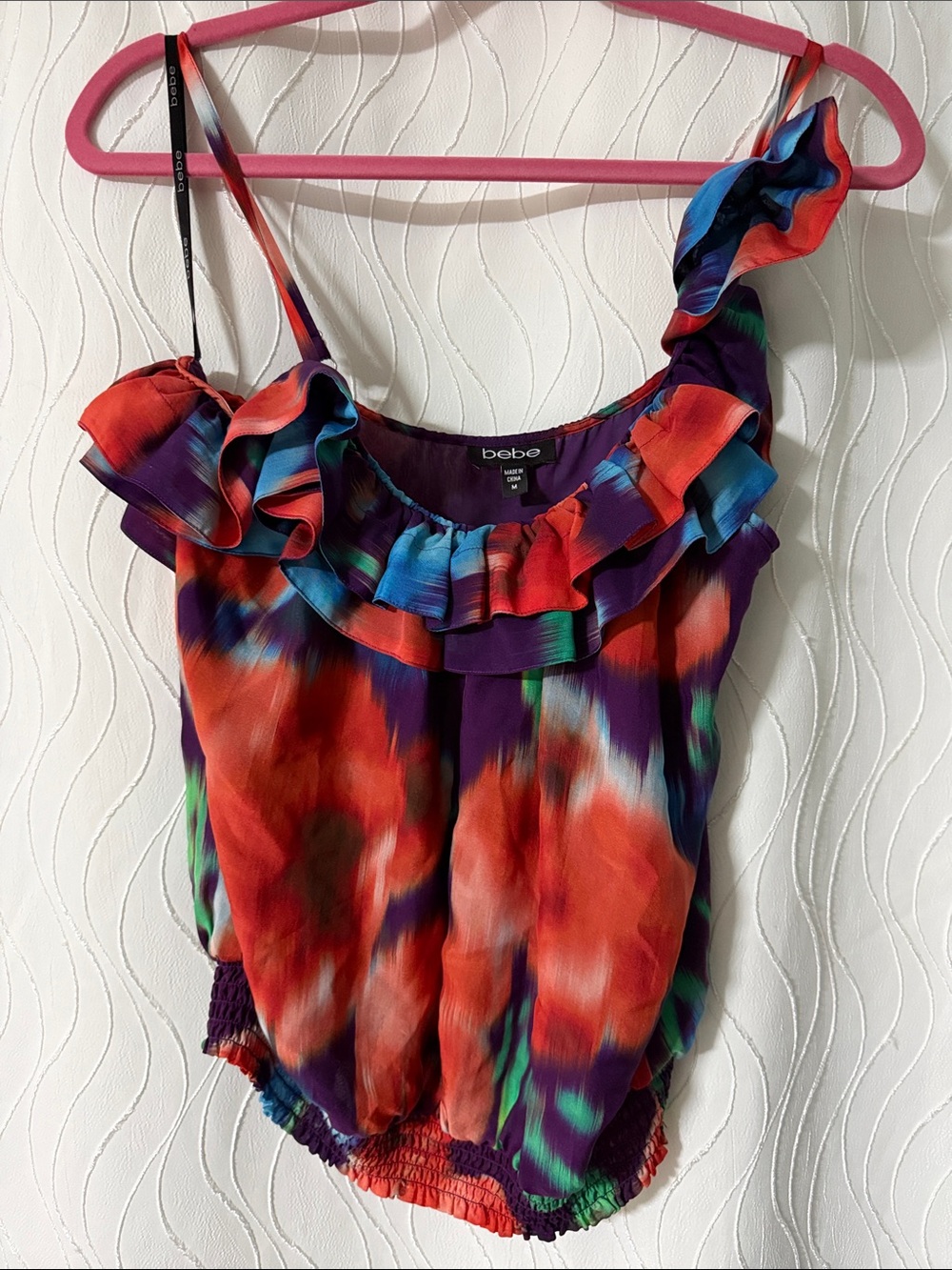 BEBE Y2K Silk Multicolor Ruffle-Strap Camisole